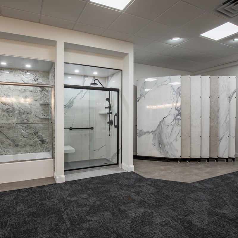 showroom porcelain product display in bathroom remodeling showroom