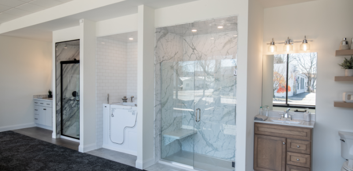multiple bathroom and shower remodel options side by side at showroom and design center