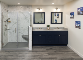 double vanity and glass walk-in shower