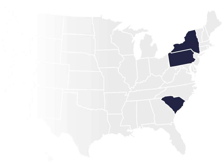 USA map with only Pennsylvania, New York, and South Carolina highlighted