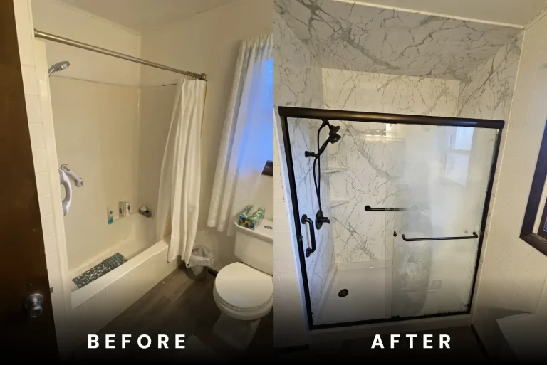Before and after photo of bathroom remodeled by Rome Bath Remodeling featuring Santorini White wall surrounds