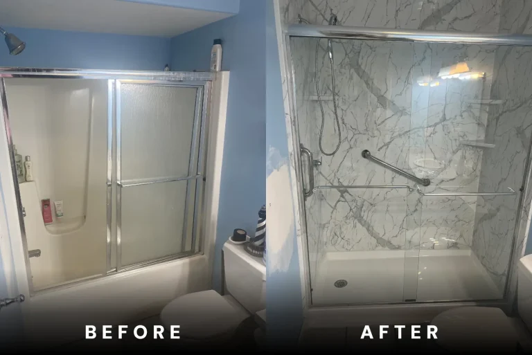 Before and after photo of a blue bathroom remodeled by Rome Bath Remodeling