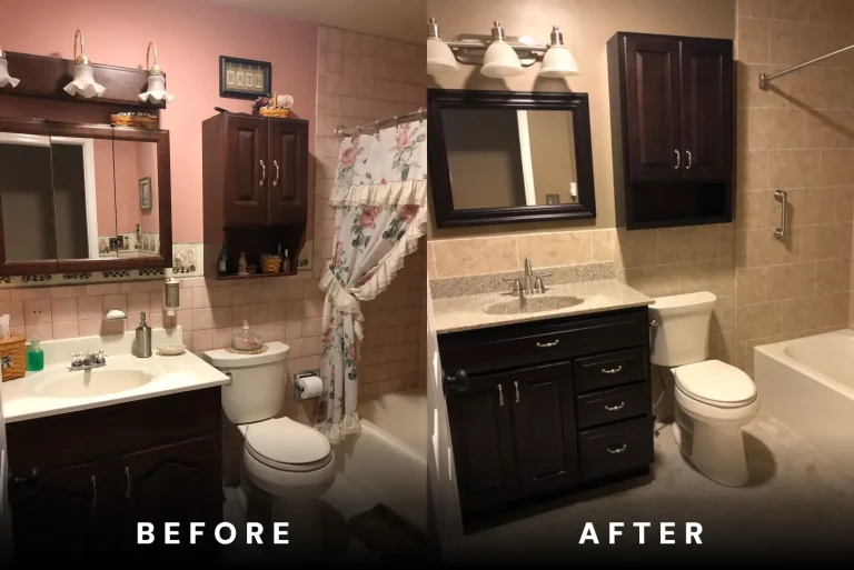 Before and after photo of a bathroom remodeled by Rome Bath Remodeling