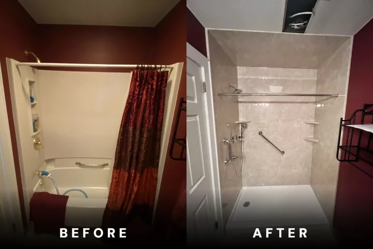 Before and after photo of bathroom remodeled by Rome Bath Remodeling