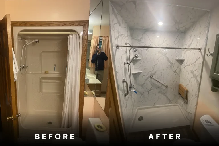 Before and after photo of bathroom remodeled by Rome Bath Remodeling featuring Santorini White wall surrounds