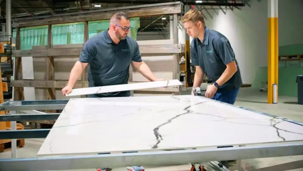rome bath remodeling employees measuring and cutting large format italian porcelain tile