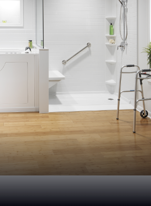 walk-in shower and walk-in tub with walker nearby to show a handicapped accessible bathroom