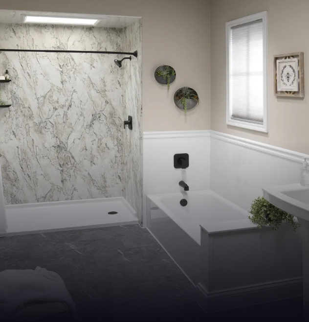 walk in shower and a bathtub newly remodeled