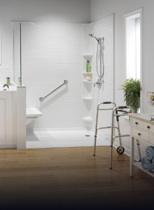 walk-in shower with walker nearby