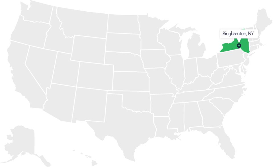 USA map with Binghamton, NY highlighted