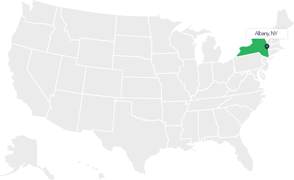 USA map with Albany, NY highlighted