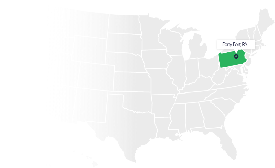 USA map with Forty Fort, PA highlighted