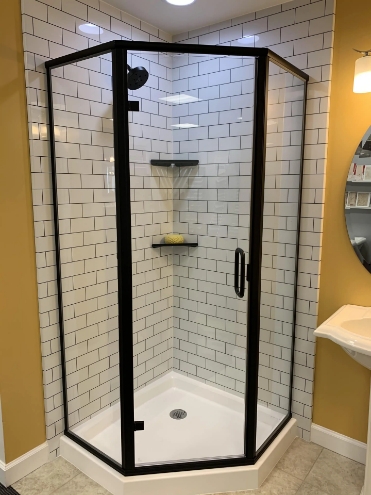 walk-in shower bathroom remodel with glass panels and glass door