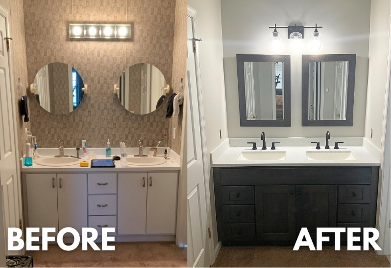 before and after photo of a bathroom vanity, mirrors, and lighting
