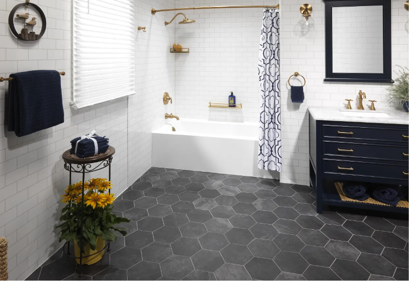 full bathroom remodel with etched acrylic wall surrounds