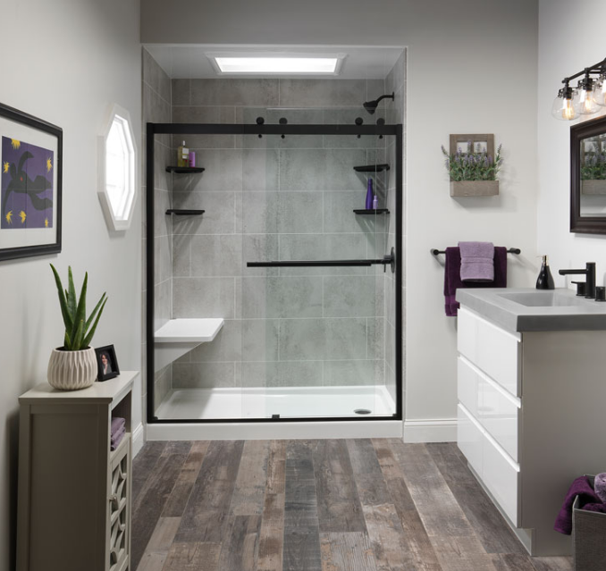 Fully remodeled bathroom with walk-in shower with etched acrylic wall surrounds