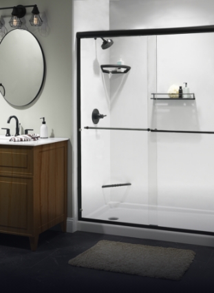 walk in shower and vanity