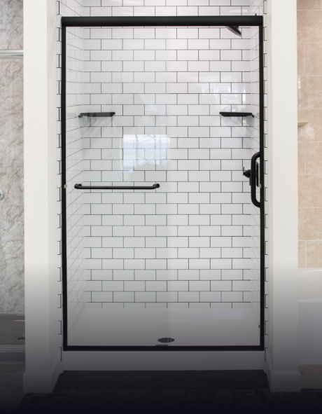 walk-in shower installation remodel with subway tile wall surround and glass sliding doors