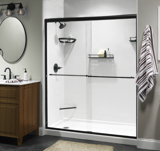 walk in shower with white walls and matte black hardware