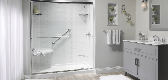 Full bathroom remodel with walk-in shower and etched acrylic wall surrounds