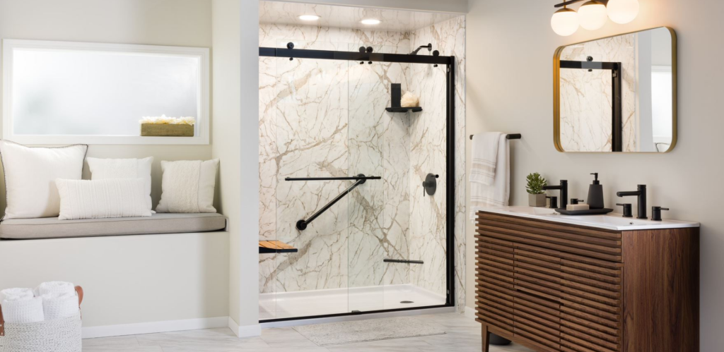 bathroom remodel with new walk-in shower, accessibility features, sliding glass doors and vanity