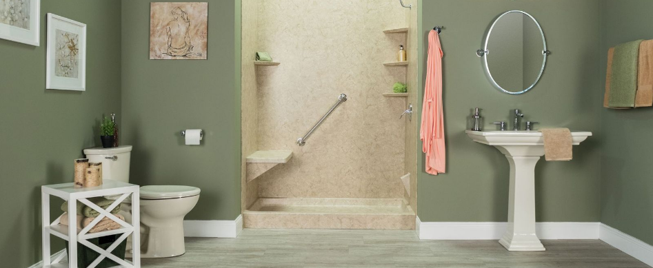 bathroom remodel with walk-in shower featuring a seat and handle bar grabs for additional support