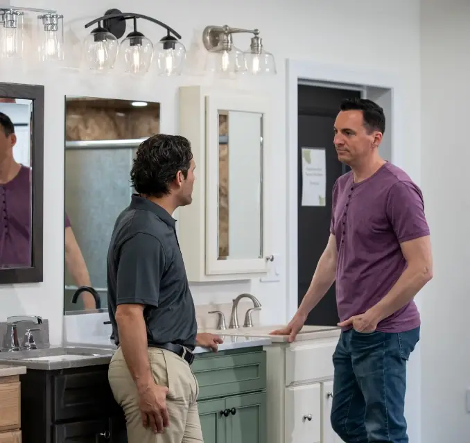 rome bath remodeling employee discussing design options inside showroom and design center
