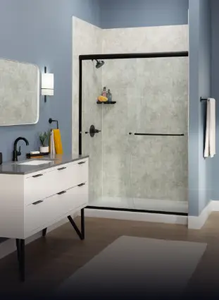 Bathroom with glacier ice wall surrounds in walk-in shower