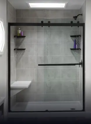 Etched acrylic walk-in shower in the color london fog