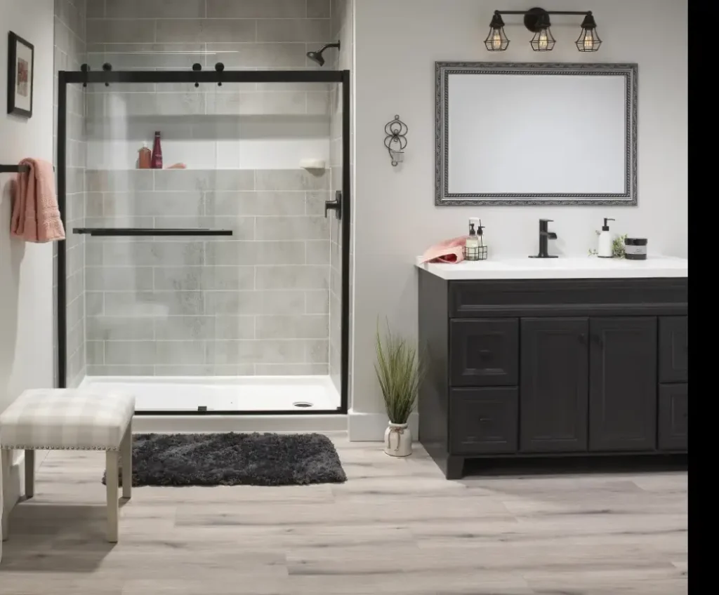 Full Bathroom Remodel with London Fog etched acrylic wall surround