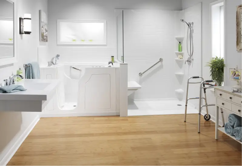 bathroom with walk-in shower and walk-in tub