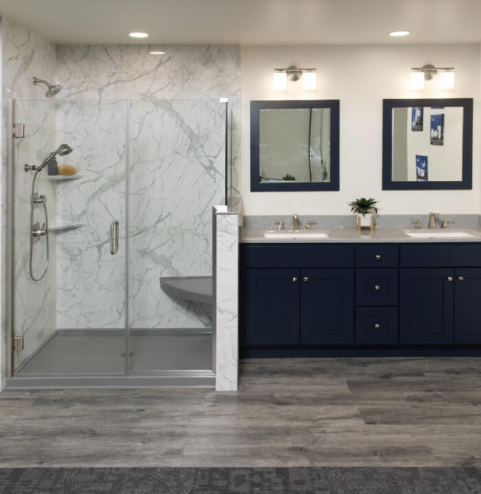 bathroom remodeling with new cabinets and glass